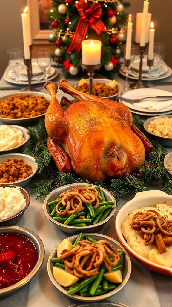 Classic Christmas Dinner for 7 A festive Christmas dinner table with roast turkey, stuffing, mashed potatoes, green bean casserole, and cranberry sauce.